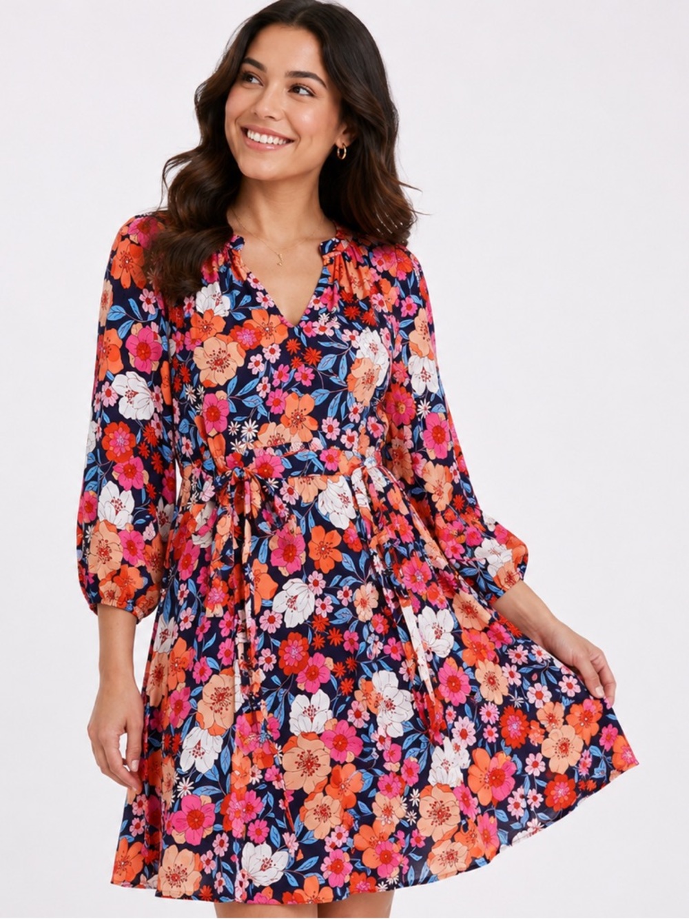 Draper James Kellie Babydoll Mini Dress in Nassau Navy Floral Multi Sz Small NWT